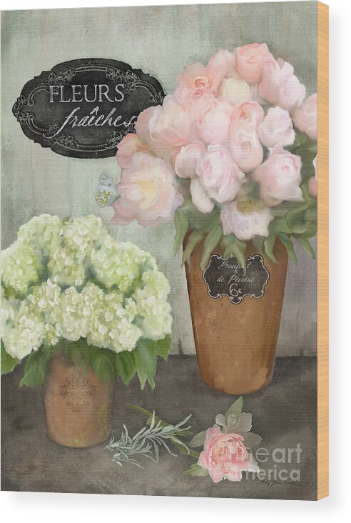French Flower Market Wood Print featuring the painting Marche aux Fleurs 2 - Peonies n Hydrangeas by Audrey Jeanne Roberts