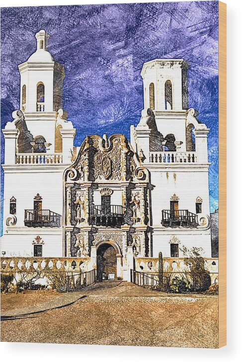 San Xavier Del Bac Wood Print featuring the digital art Mission San Xavier del Bac by Tatiana Travelways