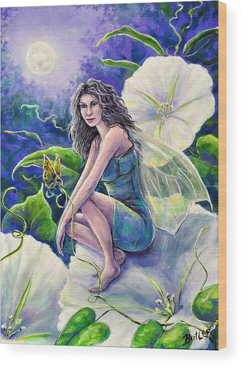 Fairy Moon Moonflower Moth Purple Green Wings Night Magic Wood Print featuring the painting Moonflower by Gail Butler