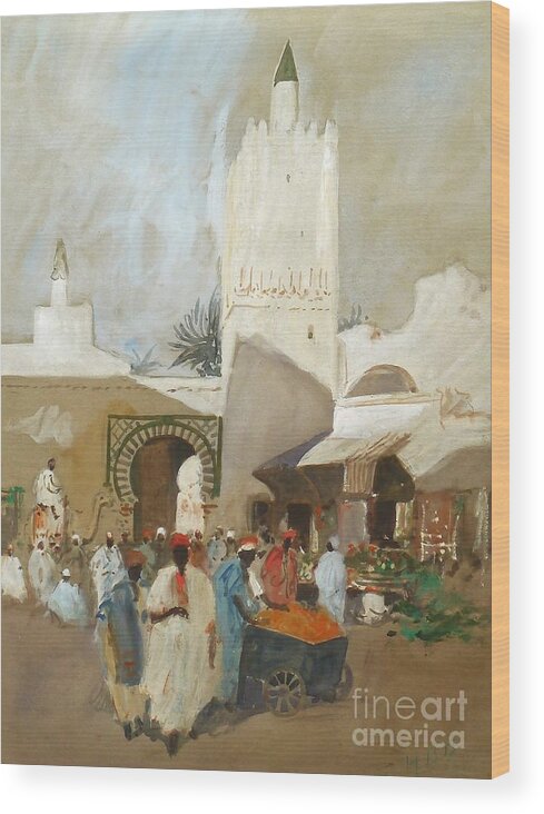 Hercules Brabazon Brabazon - Moroccan Souk Wood Print featuring the painting Moroccan Souk by MotionAge Designs