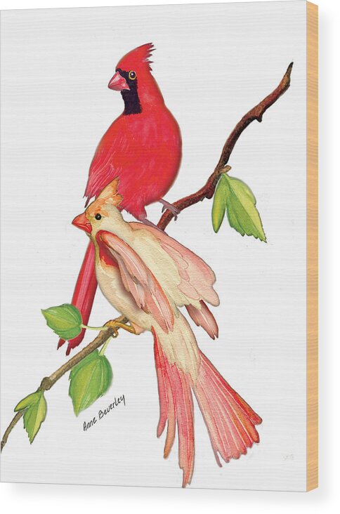 Albino Female Cardinal Wood Print featuring the painting Mr. and Mrs. Cardinal by Anne Beverley-Stamps