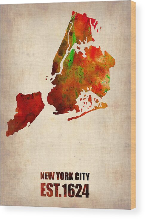 New York City Wood Print featuring the digital art New York City Watercolor Map 2 by Naxart Studio