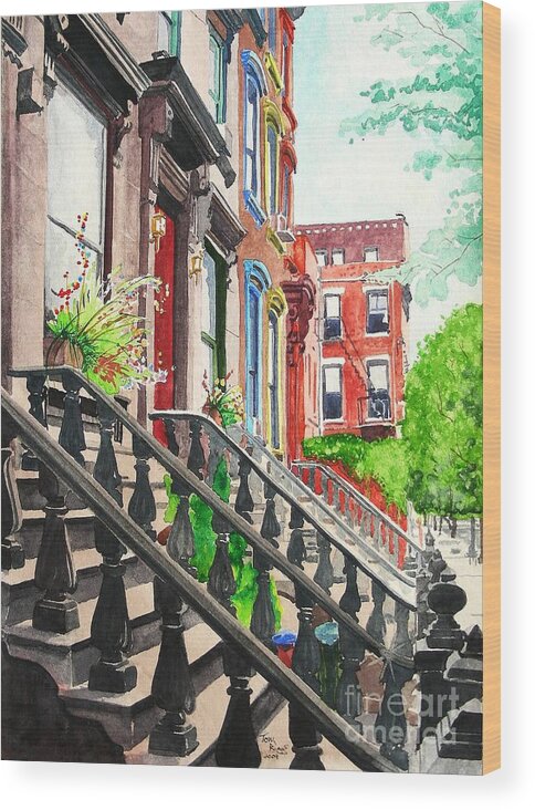 Watercolor Wood Print featuring the painting New York Steps by Tom Riggs