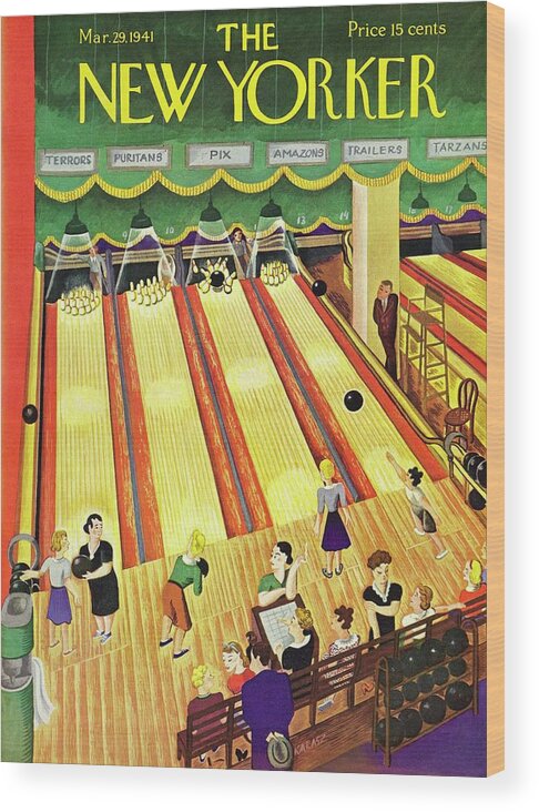 Bowling Wood Print featuring the painting New Yorker March 29 1941 by Ilonka Karasz