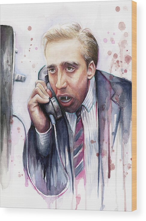 Nicolas Cage Wood Print featuring the painting Nicolas Cage A Vampire's Kiss Watercolor Art by Olga Shvartsur