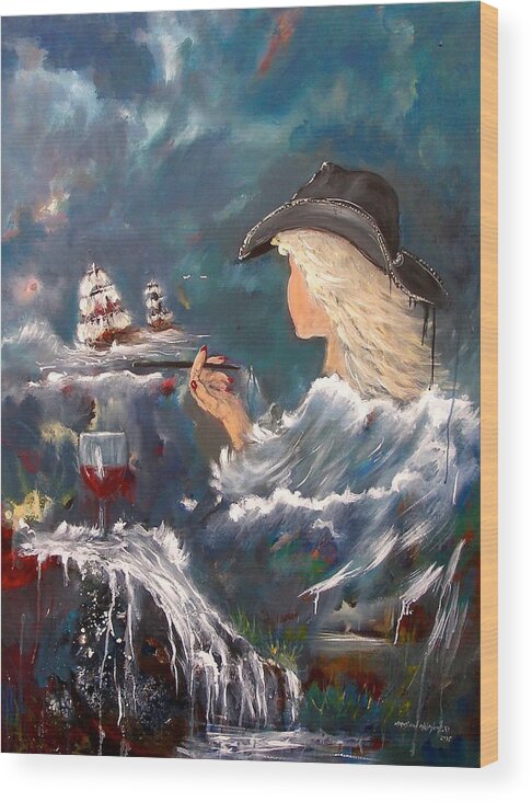 Ocean Wine Wave Red Ship Woman Smoking Hat Blonde Abstract Seascape Water Waterfall Clouds Print Watching Blue Black Boat Wind Drinking Relaxing Painting Miroslaw Chelchowski Wood Print featuring the painting Ocean Wine by Miroslaw Chelchowski