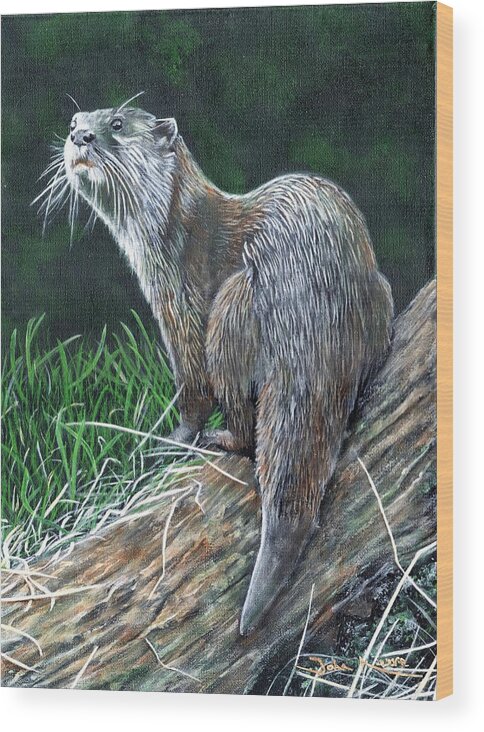Otter Wood Print featuring the painting Otter on Branch by John Neeve