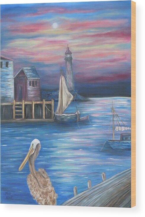 Sunset Wood Print featuring the painting Pelican Port by Mikki Alhart