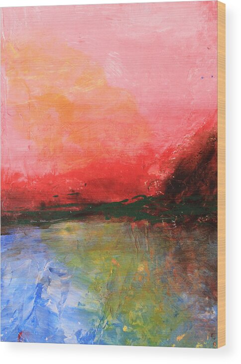 Pink Wood Print featuring the painting Pink Sky over Water Abstract by April Burton