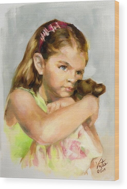 Liz Viztes Wood Print featuring the painting Portrait of a Young Girl with Toy Bear by Liz Viztes