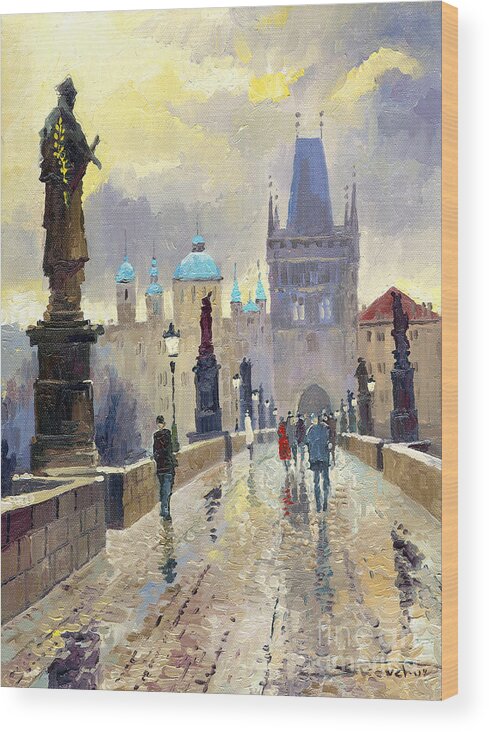 Oil On Canvas Wood Print featuring the painting Prague Charles Bridge 02 by Yuriy Shevchuk