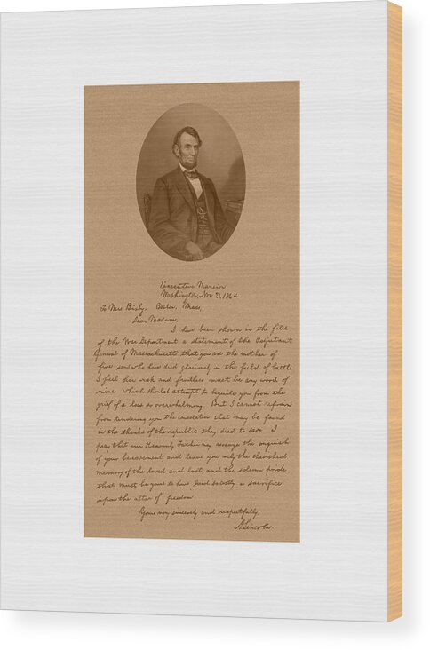 Bixby Letter Wood Print featuring the mixed media President Lincoln's Letter To Mrs. Bixby by War Is Hell Store