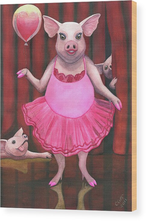 Pig Wood Print featuring the painting Pretty in Pink by Catherine G McElroy