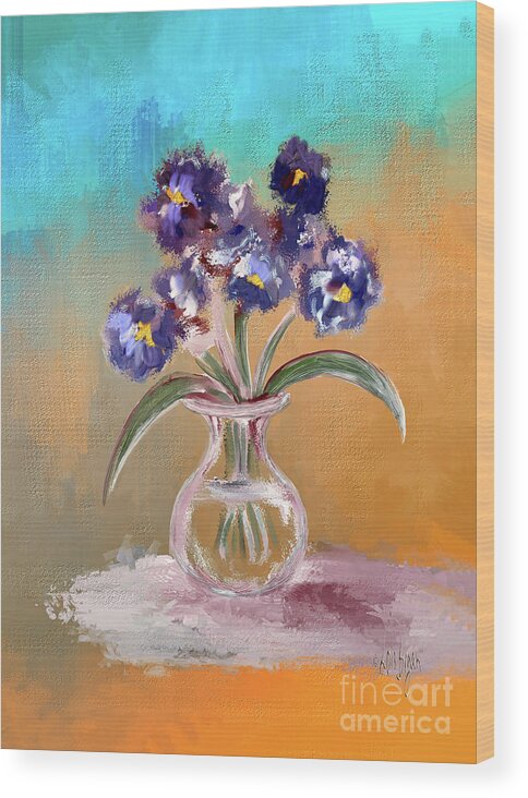 Still Life Wood Print featuring the digital art Purple and Blue Pansies In Glass Vase by Lois Bryan