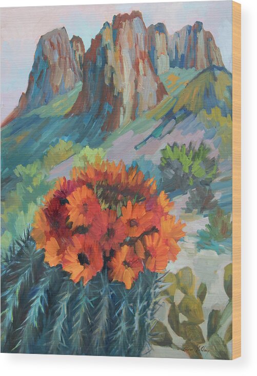 Cactus Wood Print featuring the painting Red Flame Hedgehog Cactus by Diane McClary