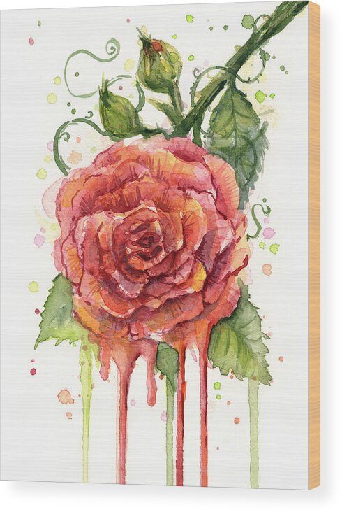 Rose Wood Print featuring the painting Red Rose Dripping Watercolor by Olga Shvartsur