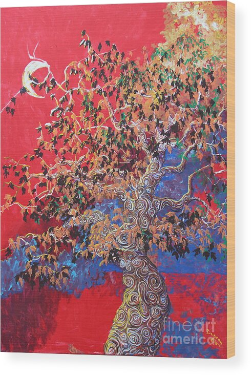 Impressionism Wood Print featuring the painting Red Sky And Tree by Stefan Duncan