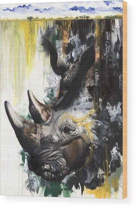 Rhino Wood Print featuring the mixed media Rhino II by Anthony Burks Sr