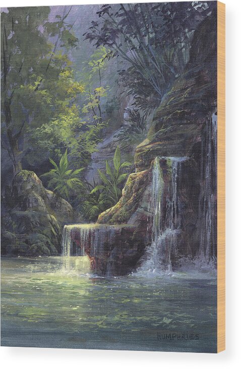 Michael Humphries Wood Print featuring the painting Rim Lit Falls by Michael Humphries