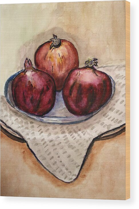 Pomegranate Jerusalem Watercolor Painting Giclee Canvas Wood Print featuring the painting Ripe Pomegranates . by Shlomo Zangilevitch