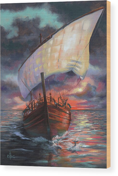 Ship Wood Print featuring the painting Running with the Dolphins at Sunset by David Bader