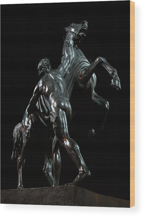 Monument Wood Print featuring the photograph Sculptures of Sankt Petersburg - Man stopping a horse by Jaroslaw Blaminsky