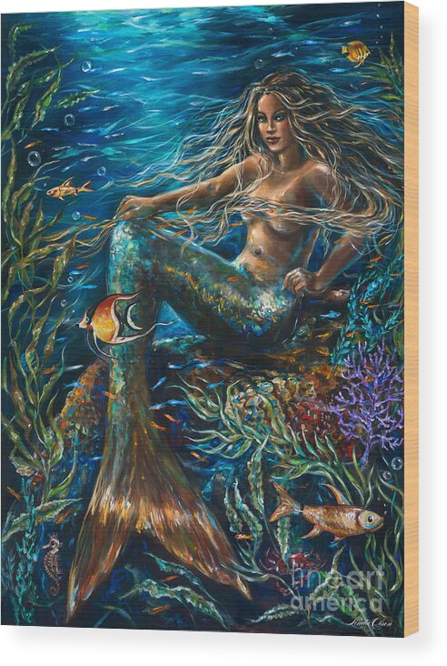 Mermaid Wood Print featuring the painting Sea Jewels Mermaid by Linda Olsen