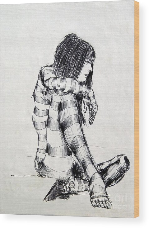 Ink Drawing Wood Print featuring the drawing Seated Striped Nude by Ronald Bissett