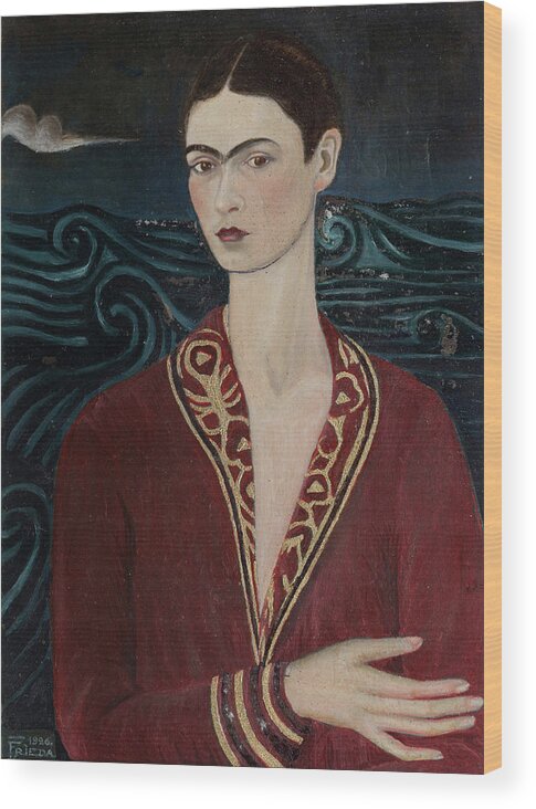 Frida Kahlo Wood Print featuring the painting Self-portrait wearing a velvet dress by Frida Kahlo