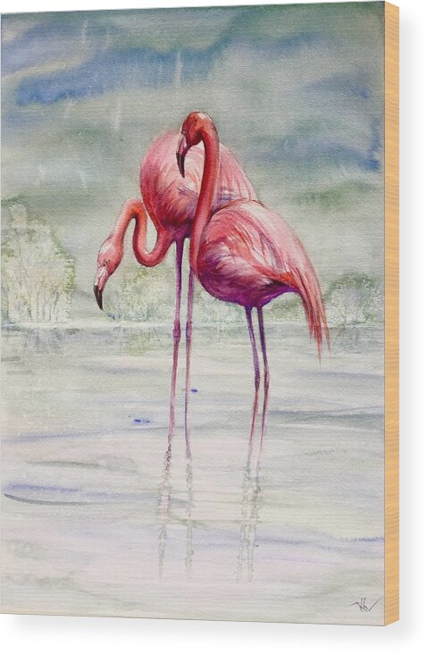 Flamingoes Wood Print featuring the painting Serenity by Katerina Kovatcheva