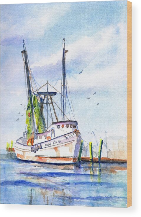 Shrimp Boat Wood Print featuring the painting Shrimp Boat Gulf Fishing by Carlin Blahnik CarlinArtWatercolor