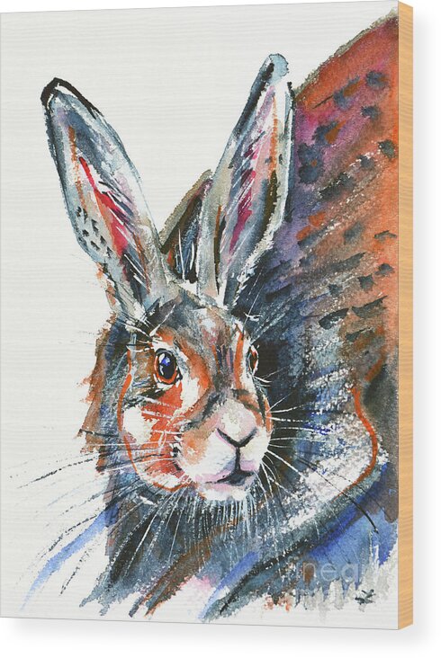 Hare Wood Print featuring the painting Shy Hare by Zaira Dzhaubaeva