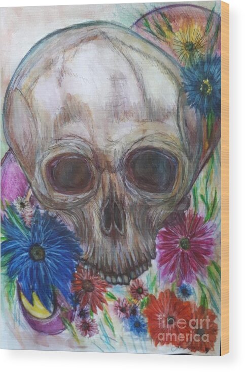 Skull Wood Print featuring the drawing Skull with flowers and ribbon by Lisa Koyle