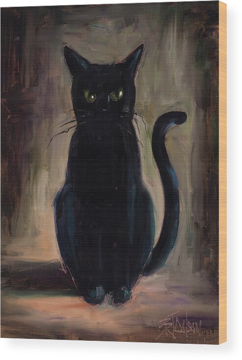 Black Cat Wood Print featuring the painting Snickers by Billie Colson