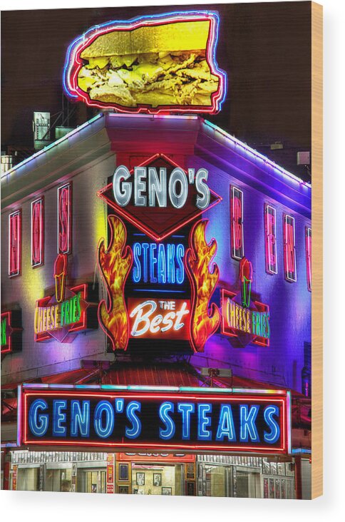 Philadelphia Wood Print featuring the photograph South Philly Skyline - Geno's Steaks-1 - Ninth and Passyunk in South Philadelphia by Michael Mazaika