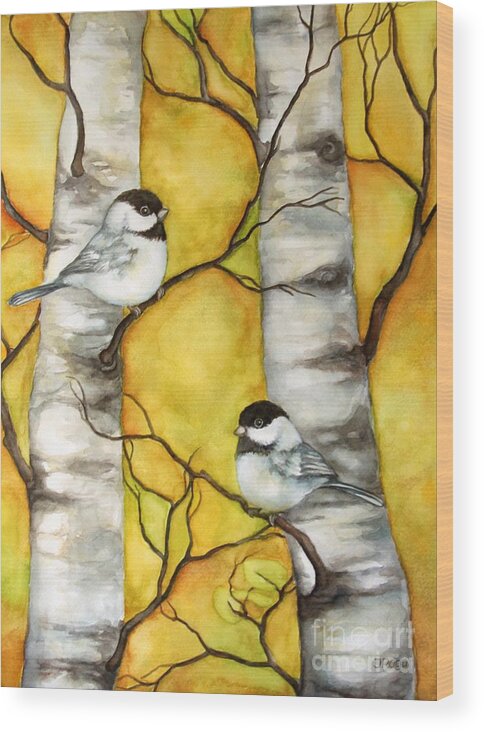 Bird Wood Print featuring the painting Chickadees on yellow by Inese Poga