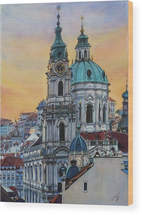 Christianity Wood Print featuring the painting St. Nicholas Church Prague II by Henrieta Maneva