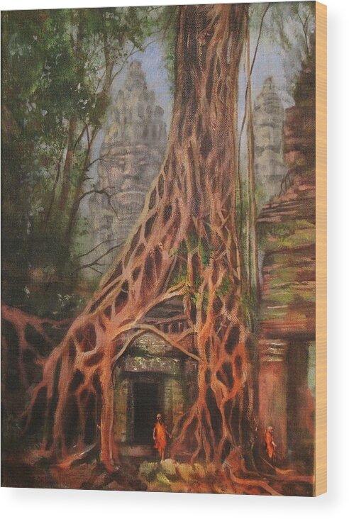  Ancient Ruins Wood Print featuring the painting Ta Prohm Cambodia by Tom Shropshire