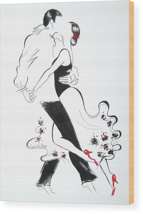 Tango Couple Romance Love Passion Black And White Flowers Red Shoes Sensual Dance Love Forever Wood Print featuring the painting Tango 6 by Lena Leitzke