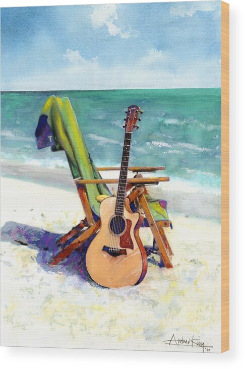 Guitar Paintings Wood Print featuring the painting Taylor at the Beach by Andrew King