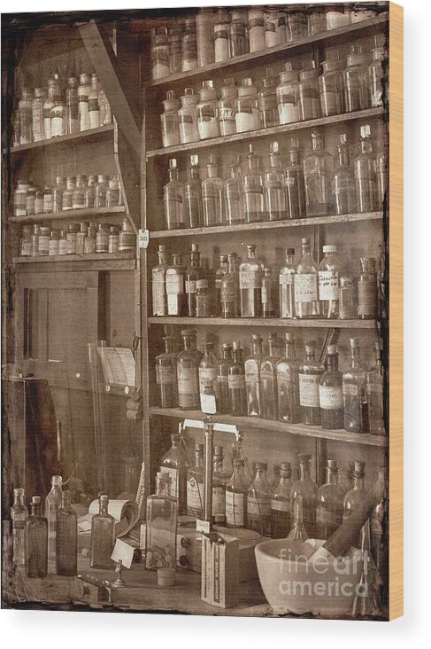 Chemist Wood Print featuring the photograph The Back Room in sepia by Russell Brown