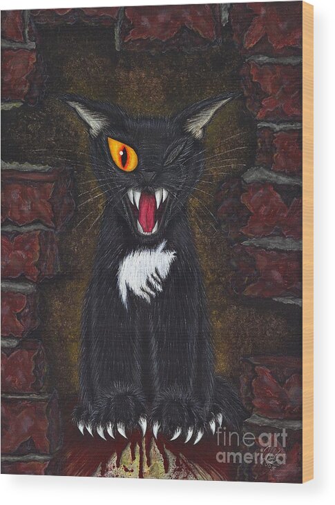 Black Cat Wood Print featuring the painting The Black Cat Edgar Allan Poe by Carrie Hawks