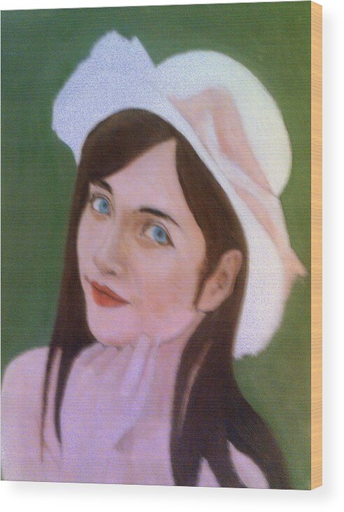 Young Attractive Brunette Wood Print featuring the painting The Brunette In The Hat by Peter Gartner