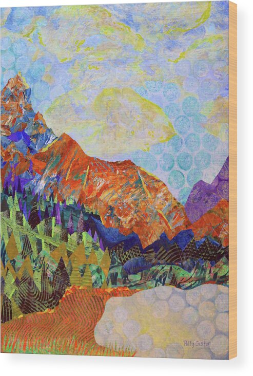 Monoprint Collage Wood Print featuring the painting The Golden Hour by Polly Castor