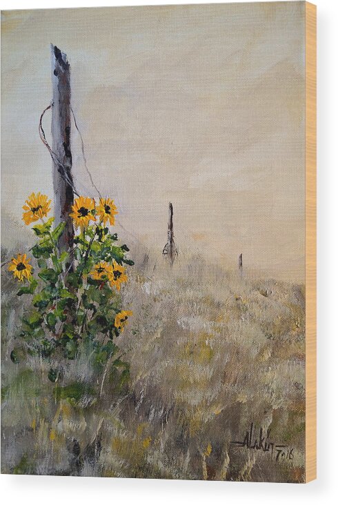 Sunflowers Wood Print featuring the painting The Old Fence by Alan Lakin
