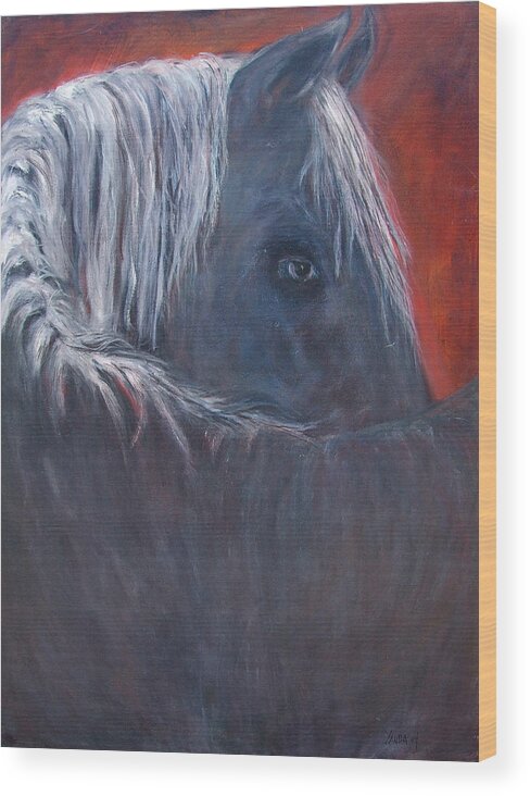 Katt Yanda Original Horse Oil Painting Canvas Protector Black Horse White Mane One Eye Wood Print featuring the painting The Protector by Katt Yanda