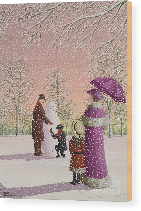 Snowman; Snow; Snowing; Winter; Cold; Woman; Umbrella; Parasol; Child; Children; Man; Playing; Outside; Landscape; Tree Wood Print featuring the painting The Snowman by Peter Szumowski