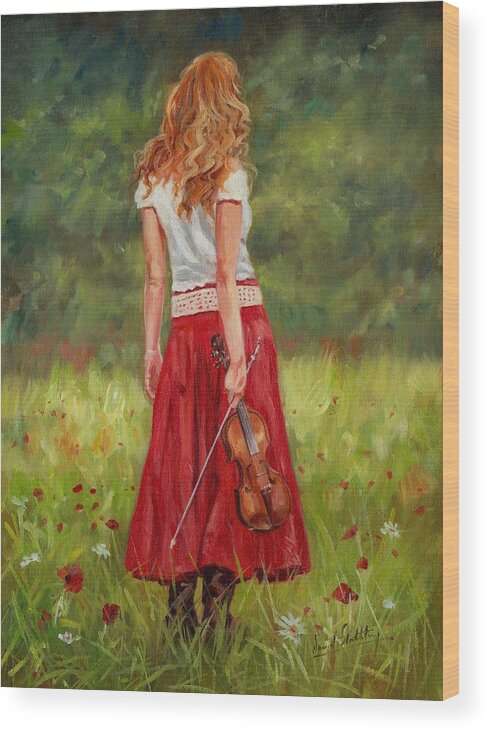 Girl Wood Print featuring the painting The Violinist by David Stribbling