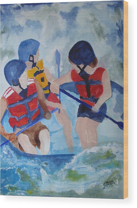 White Water Wood Print featuring the painting Three Men in a Tube by Sandy McIntire