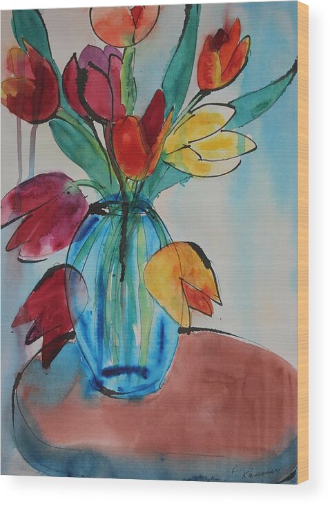 Tulips Wood Print featuring the painting Tulips in a Blue Glass Vase by Ruth Kamenev